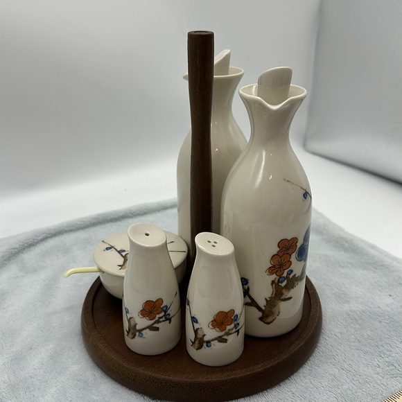 Vintage Cruet 6-Piece Set-Porcelain/Ceramic/Wood with Table Caddy - Picture 7 of 12